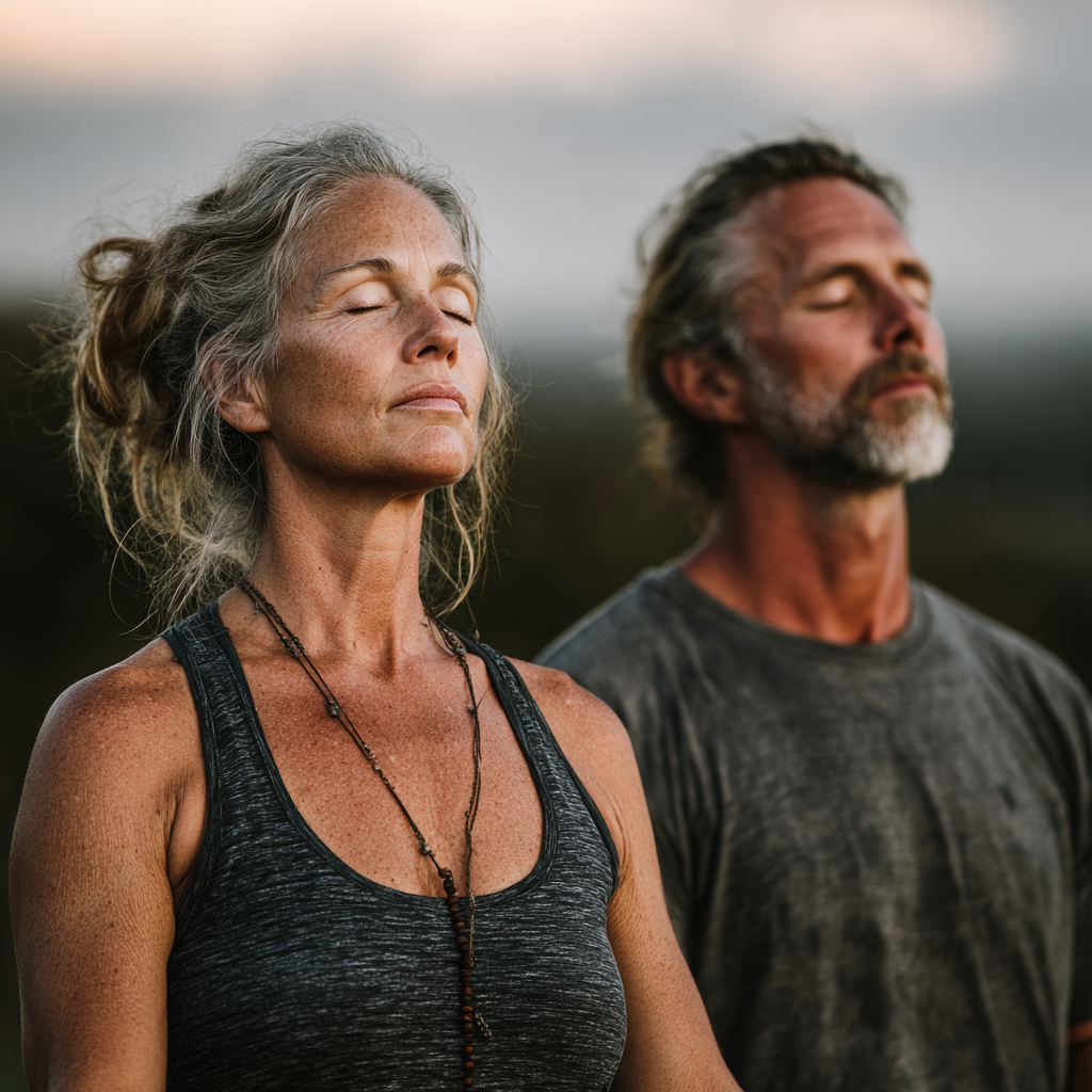 Mature woman and man in their 40s practicing yoga poses in serene outdoor setting with peaceful expressions