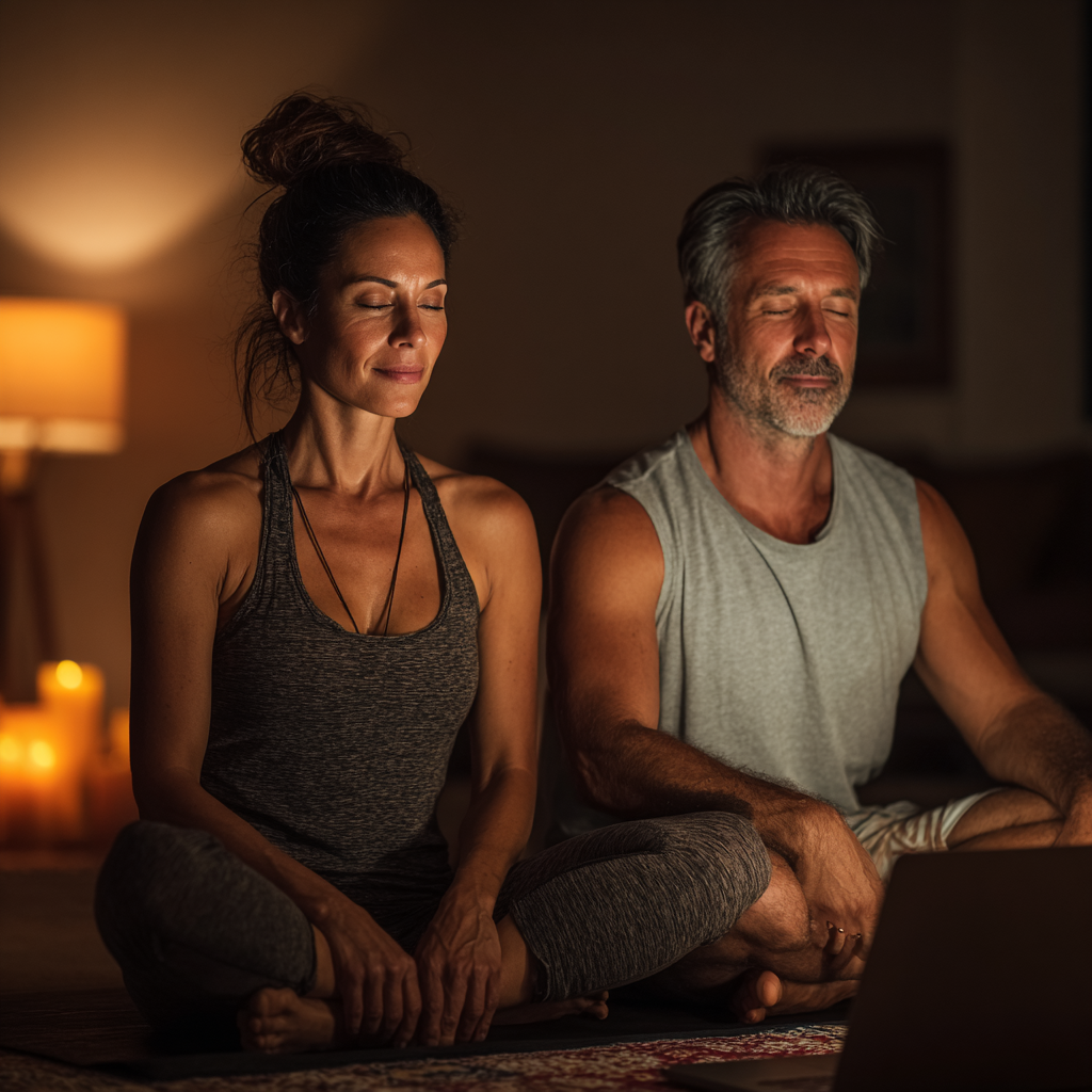 Peaceful mature couple in their late 40s practicing yoga together at home following online video class on laptop screen